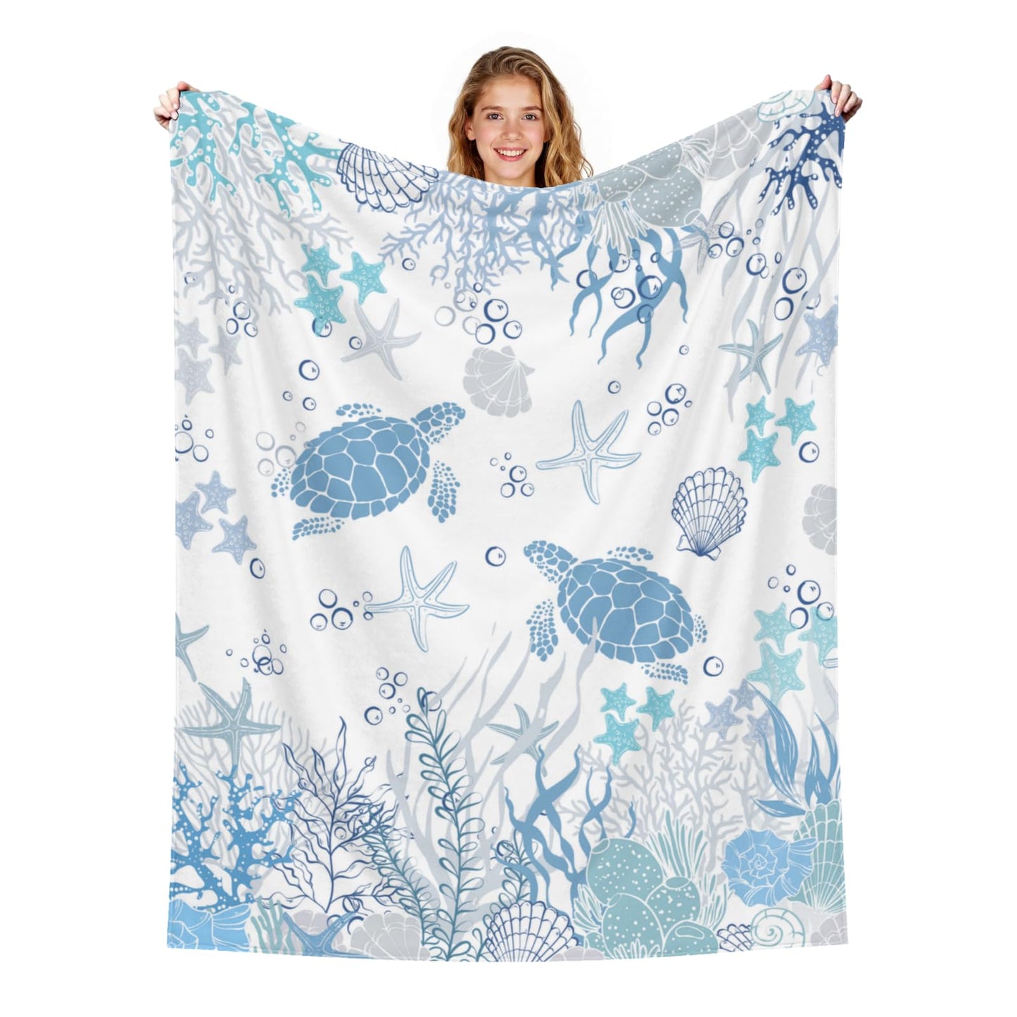 Ghirondola Sea Turtle Blanket Beach Themed Throw Gifts for Adults, Blue Starfish Coral Throw Blanket for Bed Sofa Couch,Ocean Decor Home Bedroom Blankets 50 x 60 Inch