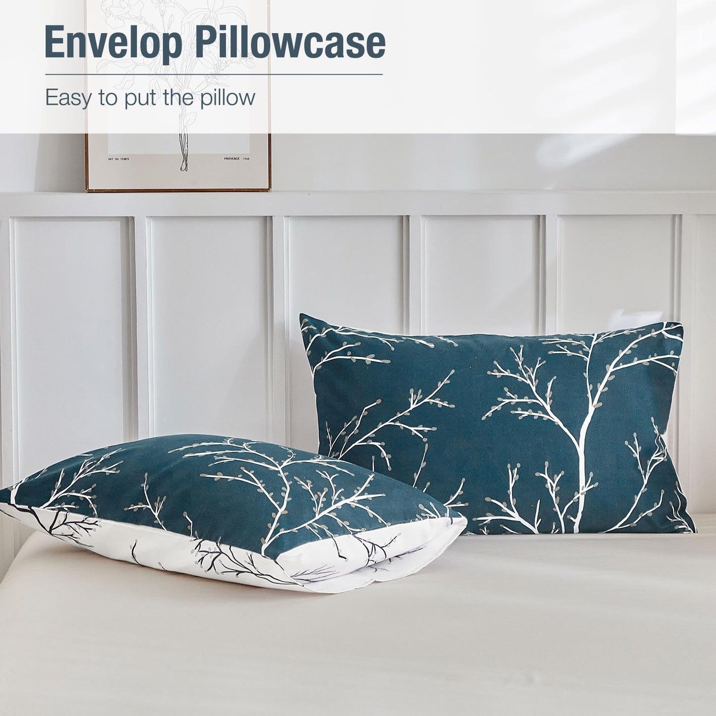 Lekesky Reversible Duvet Cover King Size, Dark Blue White Thin Branch Duvet Cover King 3pc Ultra Soft Microfiber Breathable Stylish Bedding Set with Zipper Ties