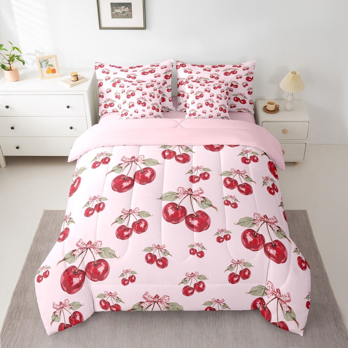 Feelyou Red Cherry Comforter Set with Sheets 7 Piece Twin Size Pink Bowknot Bed in a Bag Kids Boys Girls Cartoon Cherry Bedding Set Cute Bow Bedroom Decor Breathable Soft Lightweight Microfiber