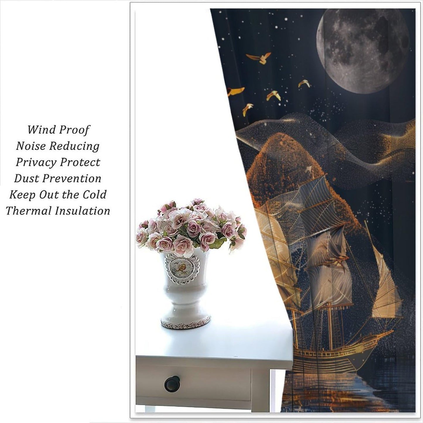 TOWINSFB Abstract Nautical Sailboat Blackout Curtains for Living Room Bedroom, Night Star Moon Seagull Window Curtains Rod Pocket Thermal Insulated Window Drapes, 2 Panels, Each 21W x 63L