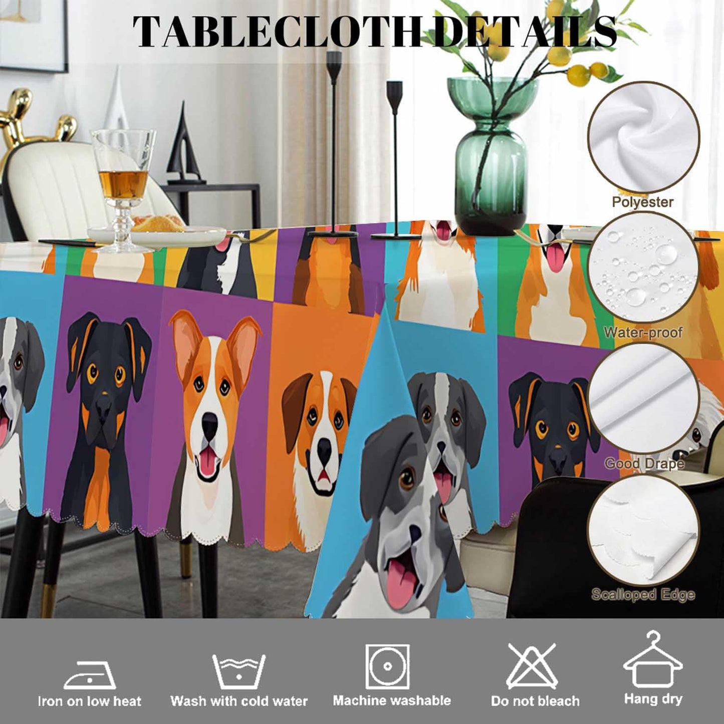 Swono Decorative Rectangle Table Cloth Dog Icon, Dog Puppy Head Poodle Shepherd Terrier Labrador Polyester Tablecloth Kitchen Table Cover for Dining BBQ Picnic Coffee Table 50x72, 4-6 Seats