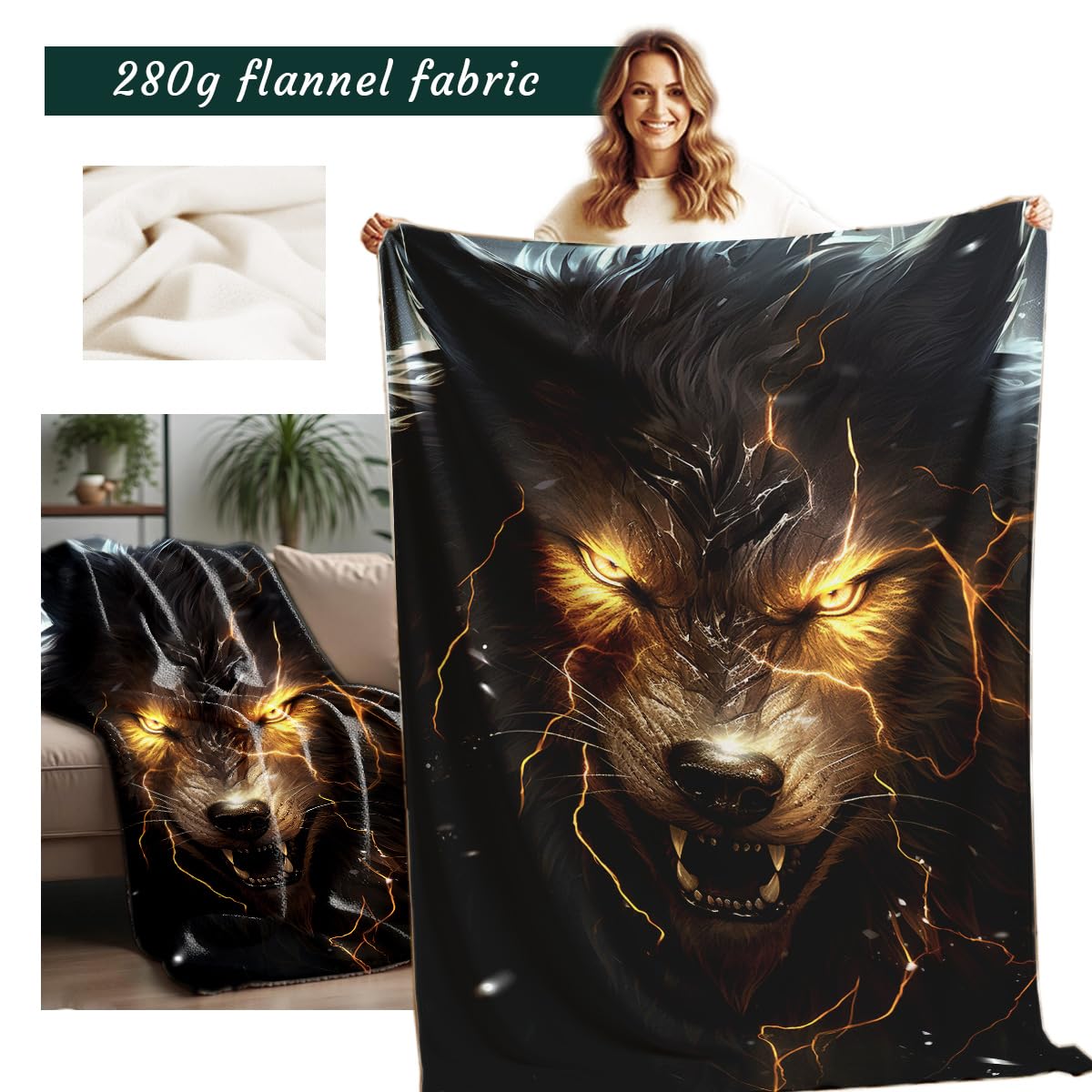 HUNXIAOJ Printed Bed Blanket Black and Gold Animal Throw Wolf Flannel Blankets Queen Size Blankets for Men Boy Bed Sofa Office Chair Blanket (59"x78")