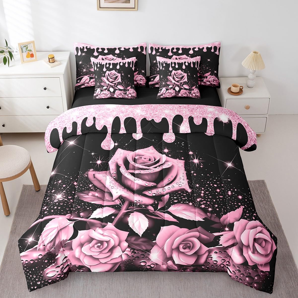 Feelyou Pink Rose 7 Piece Bedding Set Full Size for Kids Boys Girls Teens Toddler Rose Floral Flower Comforter Set with Sheets Romantic Bed in a Bag Glitter Star Bed Set
