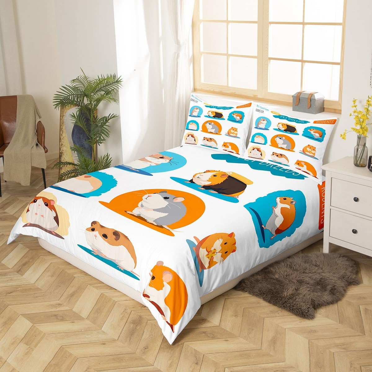 Feelyou Cute Hamster Bedding Set for Girls Boys Children Cartoon Pet Animal Comforter Cover Decorative Lovely Rodent Duvet Cover Pet Mouse Pattern Bedspread Cover Queen Size 3Pcs Bedclothes
