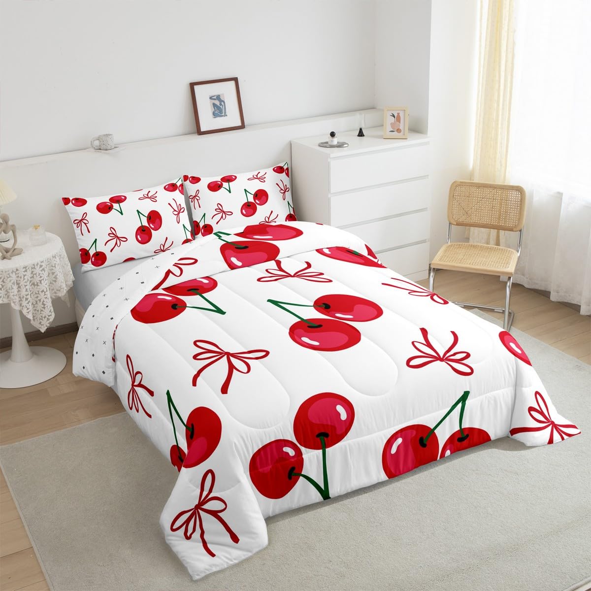 Manfei Cherry Bowknot Kids Comforter Set Twin Size,Geometric Patchwork Bow Tie Bedding Set,Girls Princess Room Decor,Tropical Fruit Butterfly Knot Down Comforter,Red Chic Duvet Insert,1 Pillowcase