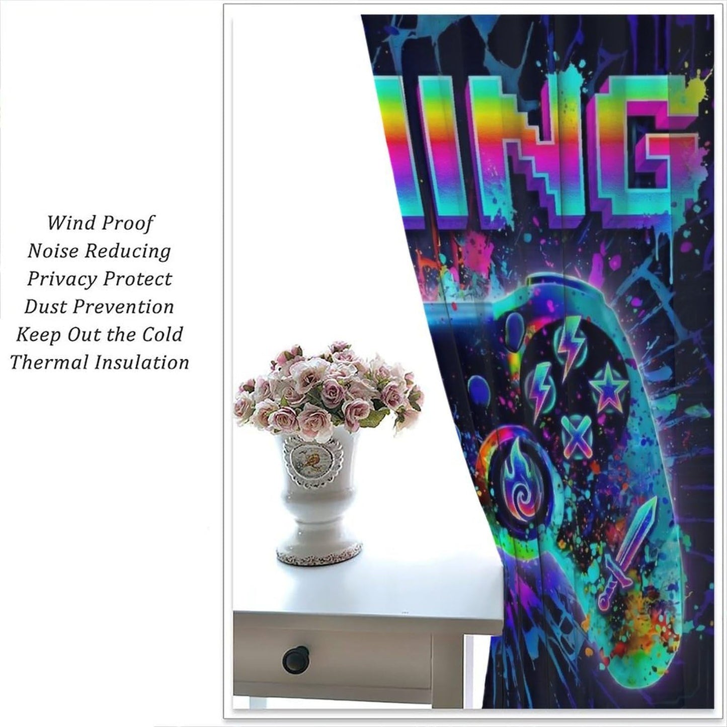 VUMIVI Gaming Curtains Cool Rainbow Neon Splatter Game Controller Just Five More Minutes Quote Rod Pocket Window Treatments for Boys Bedroom Gamer Room Apartment Dorms Cafe 42" W X 44.5" L