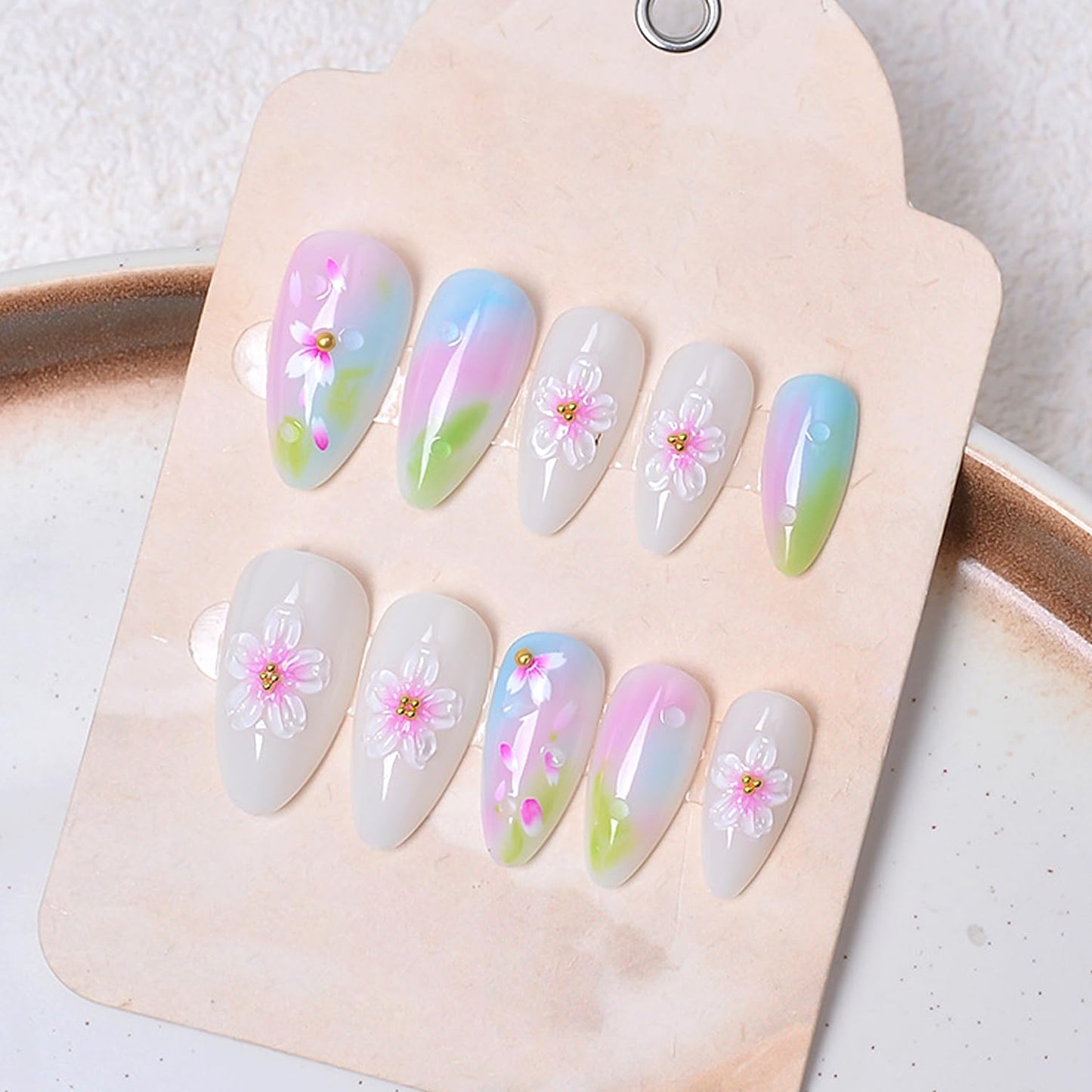 24Pcs Cute Flower Press on Nails Medium Almond Fake Nails Spring Summer Nail Art Handmade Gradient Stick on Nails Glossy Full Cover Artificial Nails for Women DIY Nails Decoration Daily Wear