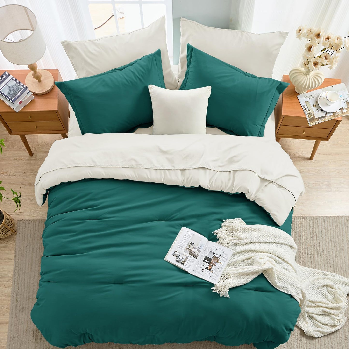MUXHOMO 7 Pieces King Comforter Set, Soft Bed in a Bag King Size, All Season Bedding Set with Comforter, Flat Sheet, Fitted Sheet, Pillowcases & Shams, Peacock Blue & Ivory