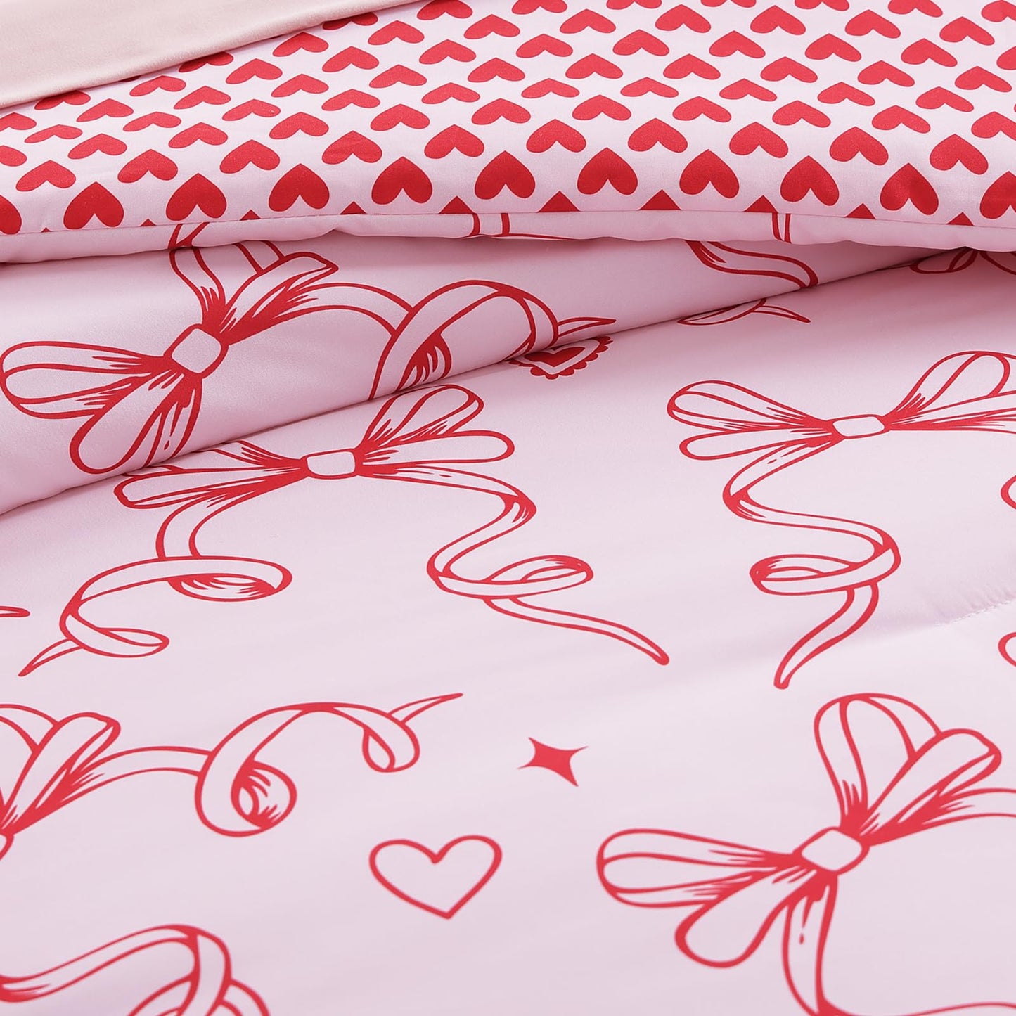 AMBERSPACE Twin XL Comforter Set for Girls, Red Bow Bedding Set Reversible with Cute Heart, All Season Kids Dorm Bed in a Bag 5 Pieces with Sheets, Pillowcase & Sham