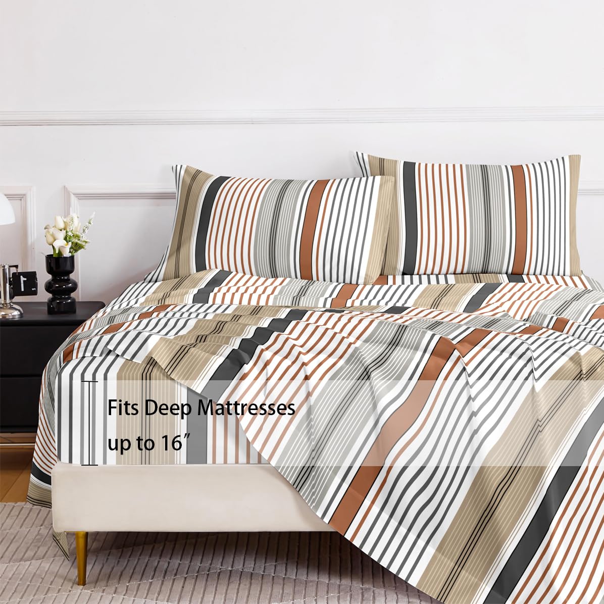 HCORA Striped King Sheet Set, Ultra Soft Double Brushed Microfiber Bed Sheets, Deep Pocket, Breathable, Wrinkle Resistant, Easy Care, 4PC, King