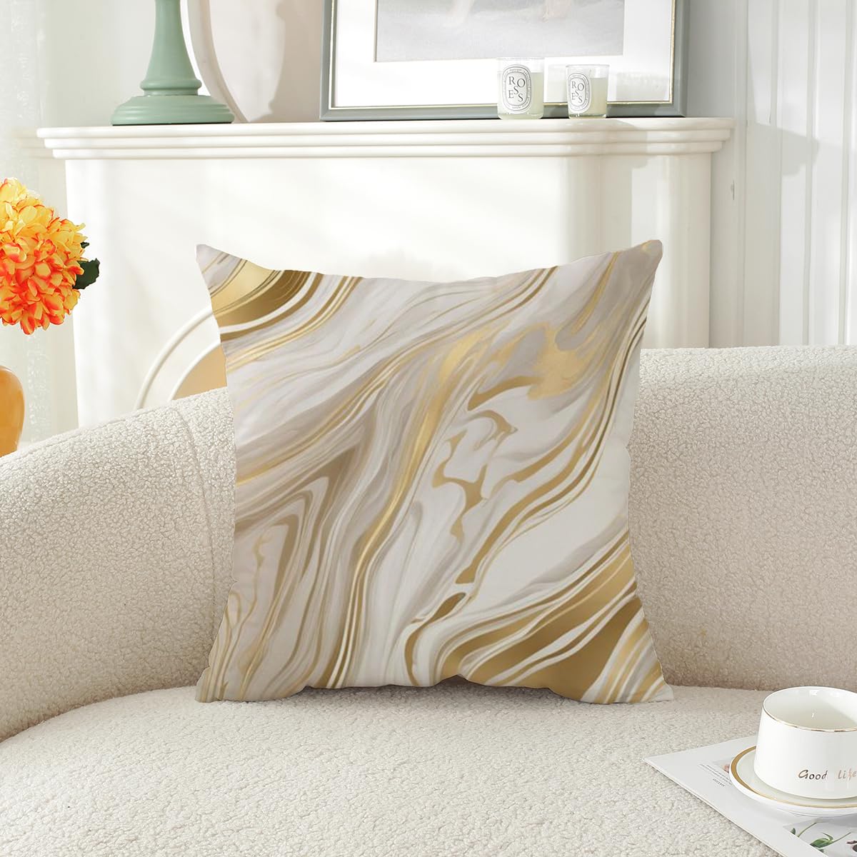 ZHLF Pack of 4,Gray Marble Throw Pillow Covers 18x18 Inch Two-Sided Grey Gold Abstract Art Modern Decorative Pillows Case Soft Cushion Covers for Couch Sofa Bed Home Living Room Décor