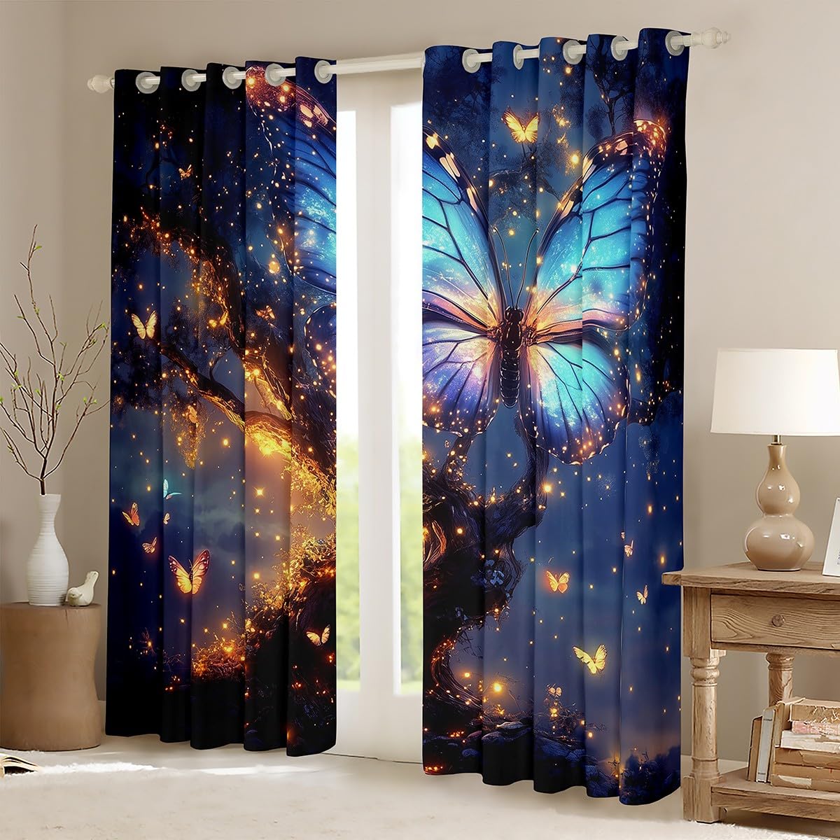 Feelyou Tree of Life Blackout Curtains (2 Panels, 42 x 63 Inch) Butterfly Darkening Drapes Boho Curtains for Bedroom Living Room