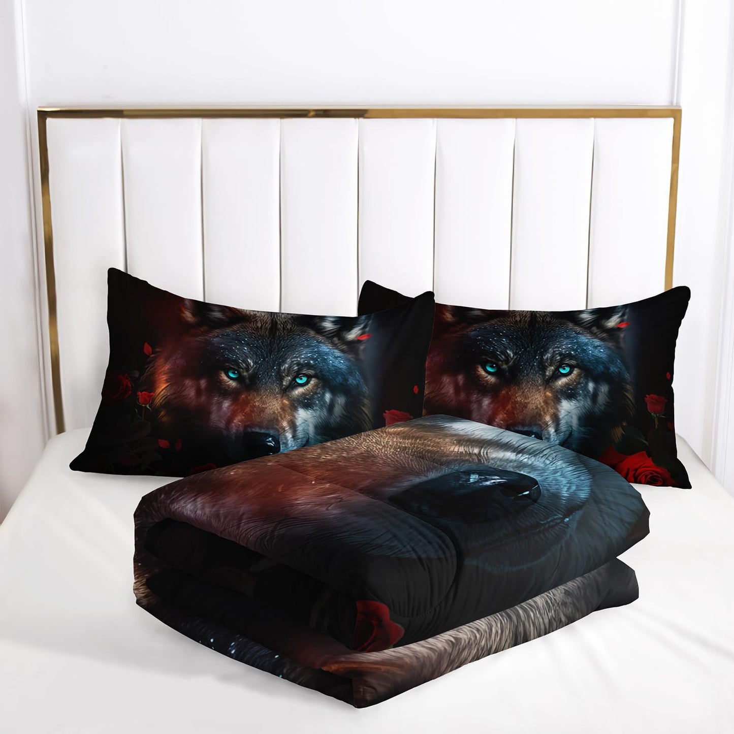 AILONEN Wolf Comforter Set - Queen Size, Red Rose & Brown Animal Duvet Set for Boys & Girls - 3 Pieces: 1 Quilt, 2 Pillowcases