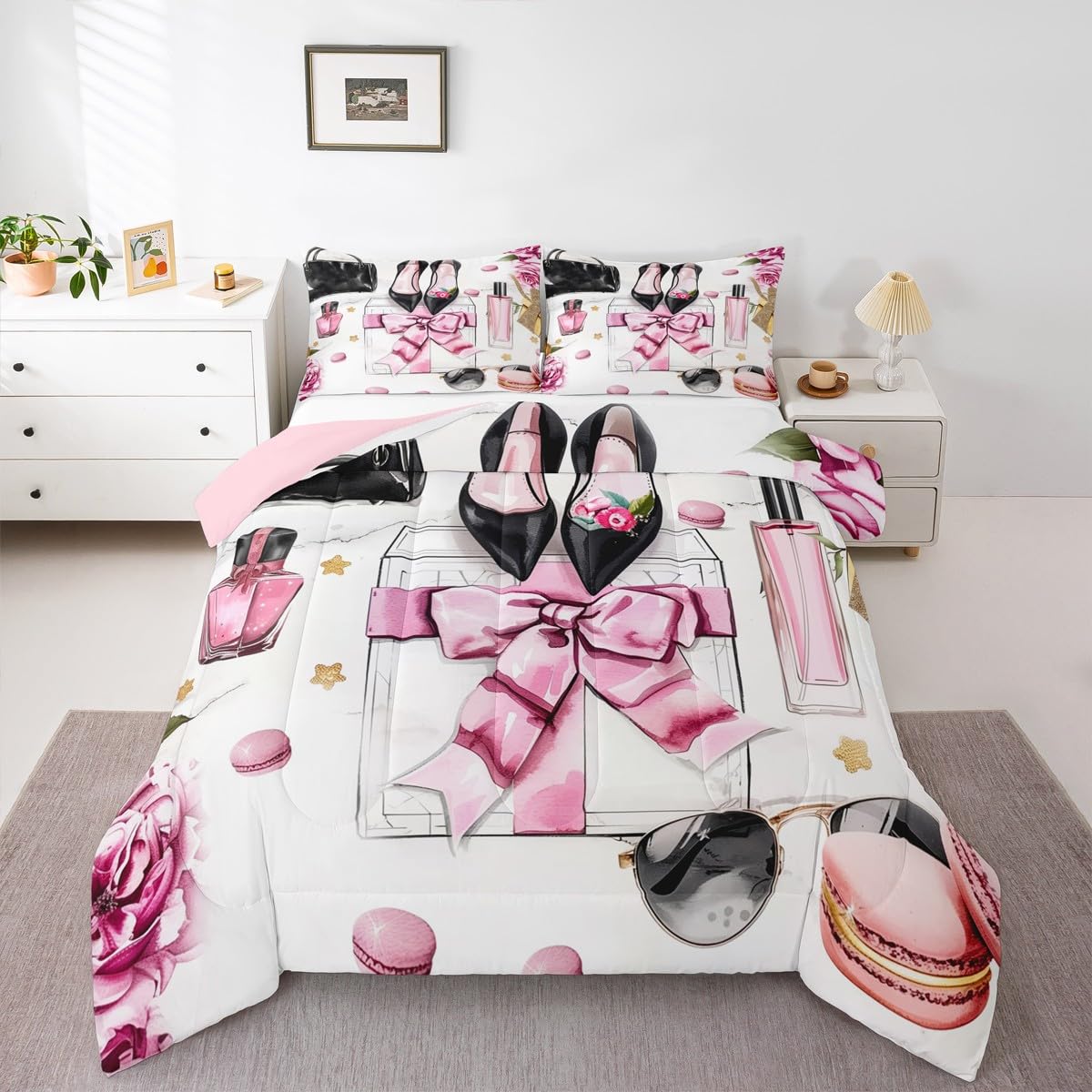 Erosebridal Pink King Bedding Set Girly Fashion Women Watercolor Coquette Bow Comforter Perfume Modern Pretty Magazine Book Quilt High Heels Makeup Duvet Insert for Girls