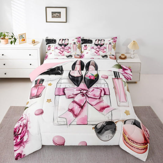 Erosebridal Pink King Bedding Set Girly Fashion Women Watercolor Coquette Bow Comforter Perfume Modern Pretty Magazine Book Quilt High Heels Makeup Duvet Insert for Girls