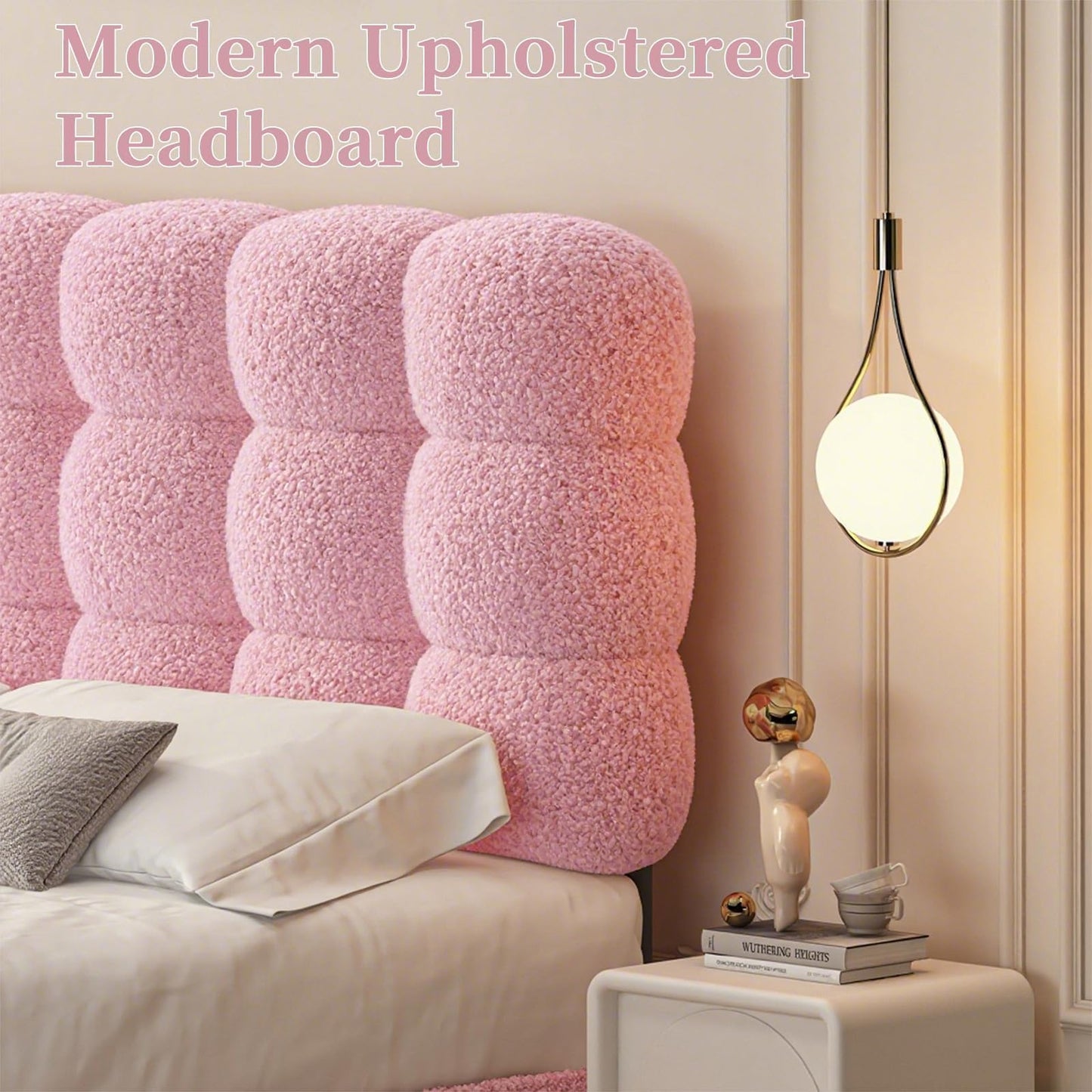 BarnFurin Full Size Bed Frame with Upholstered Headboard, Soft Boucle Fabric, Platform Bed with Strong Wooden Slats Support, Two Bed Forms Design, No Boxing Spring Needed, Easy Assembly, Pink