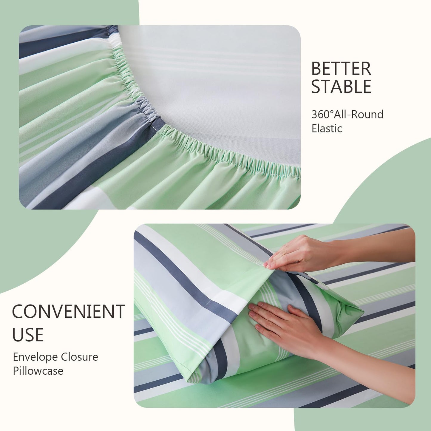 MCO 4Pieces Striped Sheets Set, Breathable King Sheet Set with 16" Deep Pocket,Modern & Luxury, Brushed Microfiber Bedding Set(King, Green Gray)