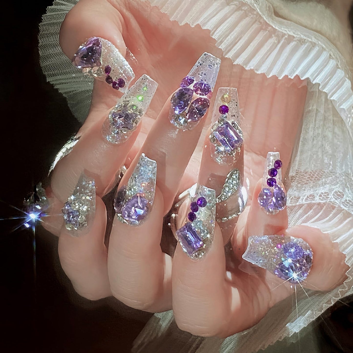 IMSOHOT Purple Press on Nails Long Coffin Fake Nails Glossy Acrylic False Nails with Bling Rhinestone Designs Glitter Glossy White Artificial Beallerina Handmade Reusable Stick on Nails