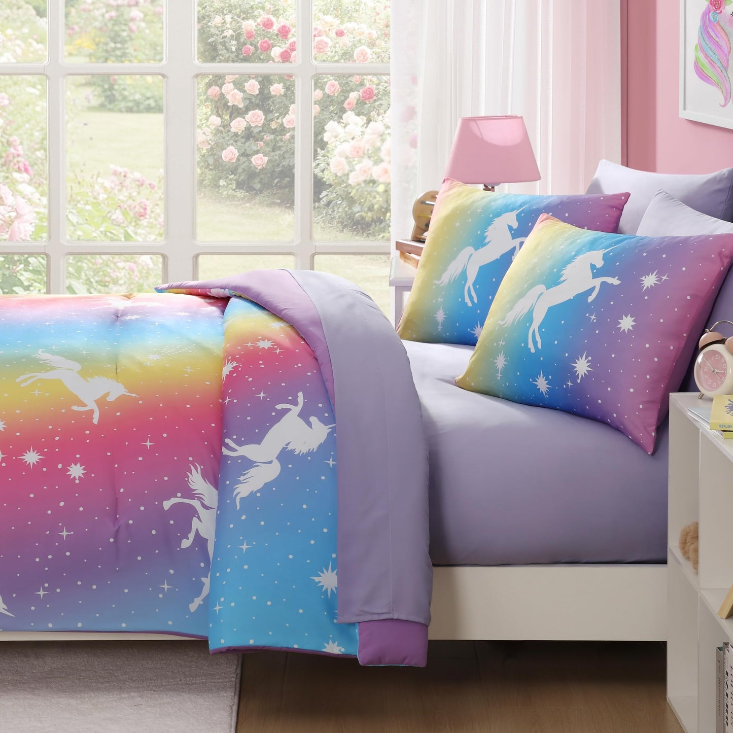 Wink Deer Full Size Comforter Set for Girls-7 Pieces Rainbow Unicorn Full Bedding Sets for Kids, Ultra Soft Bed in A Bag with Sheets