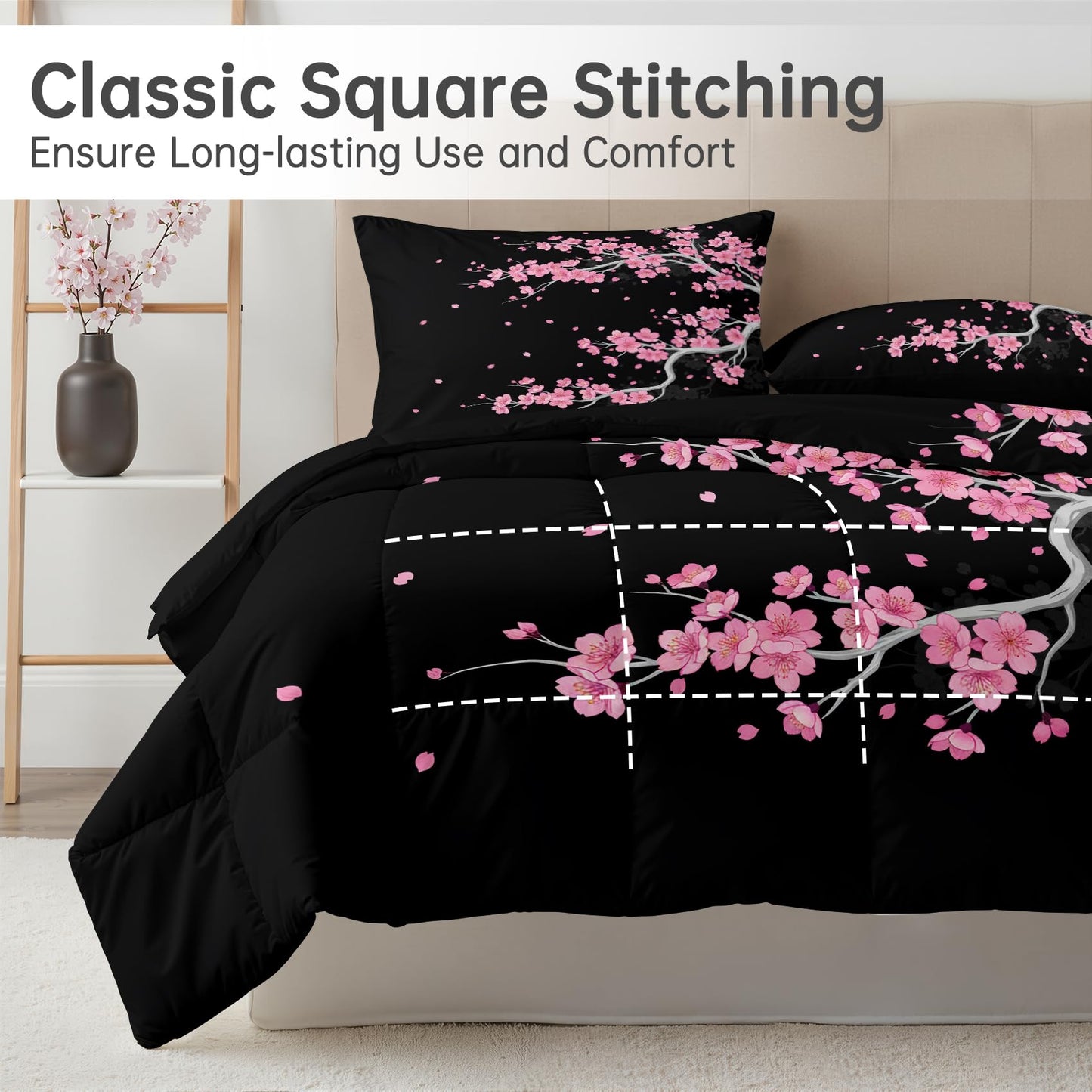 Japanese Cherry Blossom Comforter Set Twin Size 2 Pcs - All Season Comforter & Pillowcase, Asian Bedding Set, Soft Lightweight Down Alternative Duvet Insert, Pink and Black Bedroom Decor