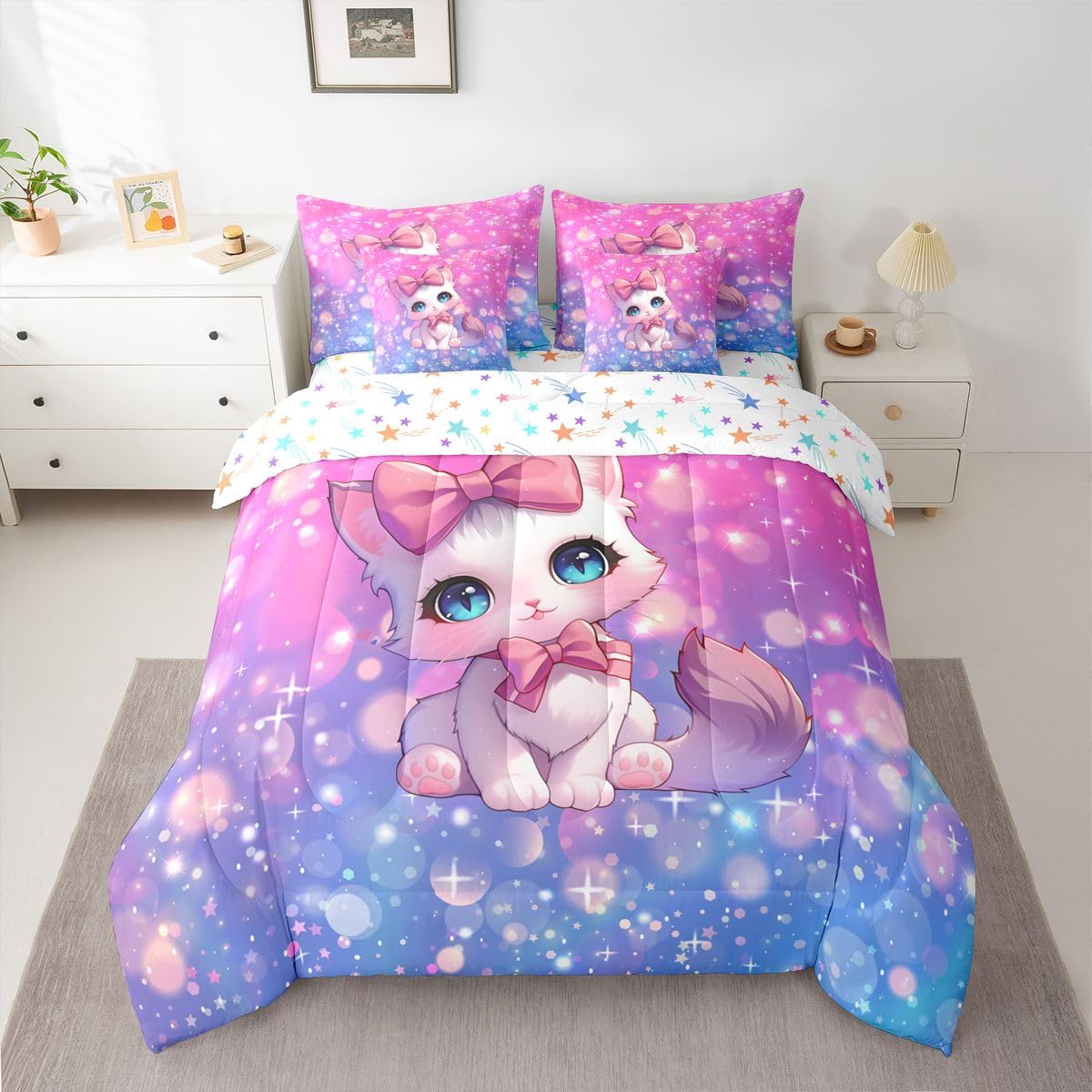 Feelyou Cat Twin Comforter Set with Sheets for Kids Boys Girls Cute Kitten 7 Pieces Bedding Set Cute Animal Bed in a Bag Cat Lover's Gift Room Decor Soft Lightweight Microfiber