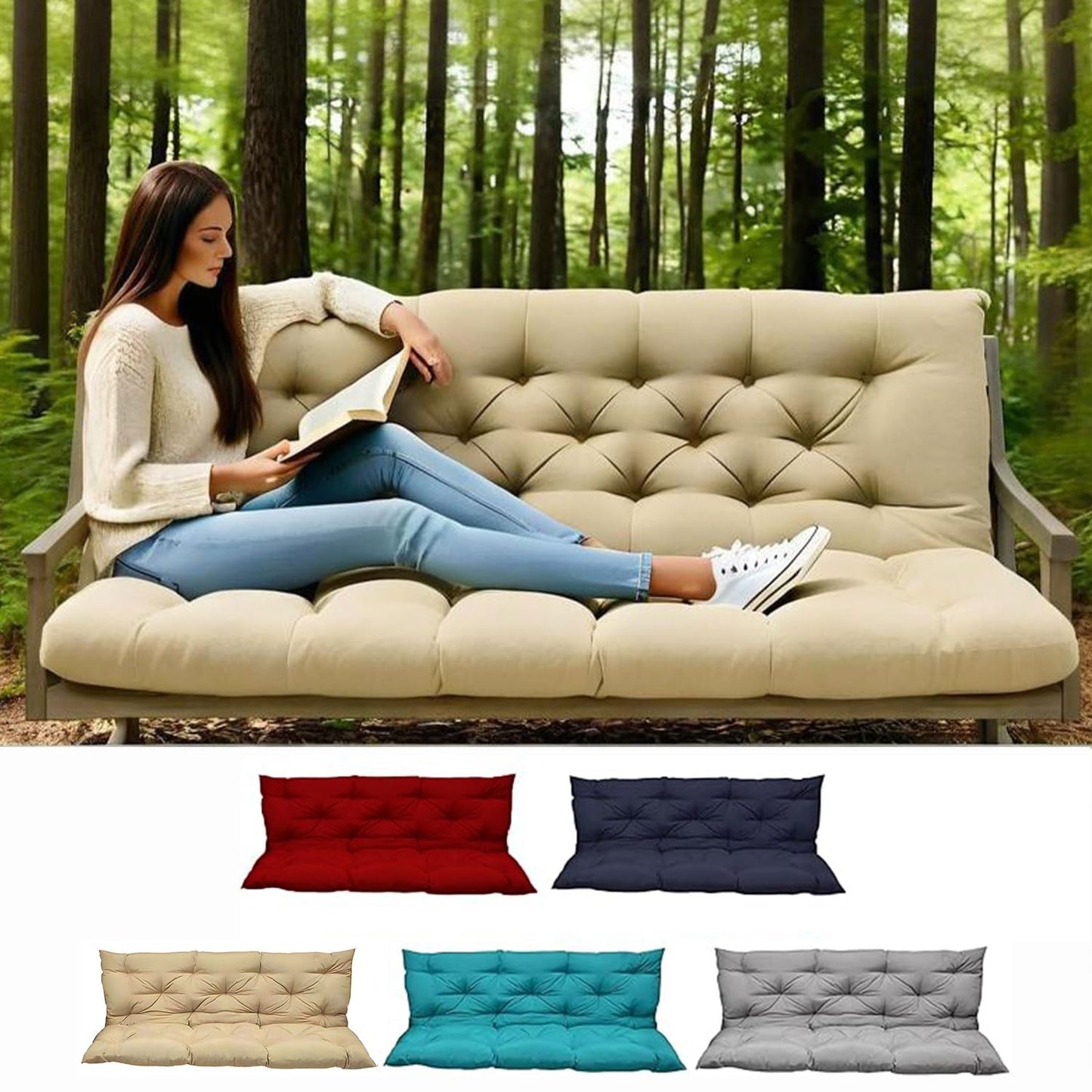 Longmu Living Porch Swing Cushions, Outdoor Swing Cushions 3 Seater Replacement with Backrest, Thickened Swing Cushion with Ties,Patio,Outdoor,Backyard and Gard (Khaki, 60 * 40 * 4 inches)