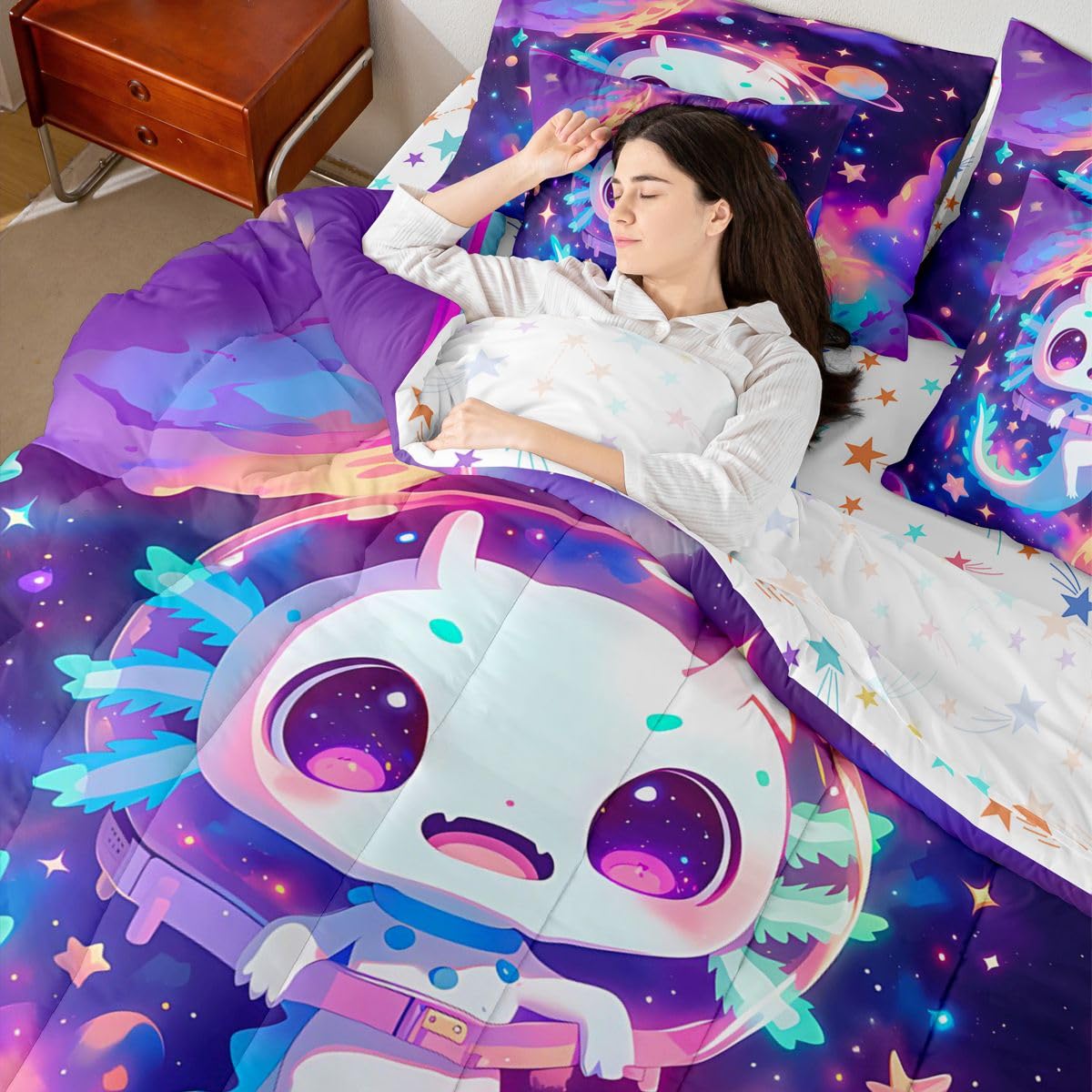 Erosebridal Kids Cute Axolotl Queen Bedding Set for Girls Teens Galaxy Planet Space Comforter Set Purple Dreamy Starry Sky 7-Piece Bed in a Bag Princess Axolotl Reptile Animal Quilt Sets
