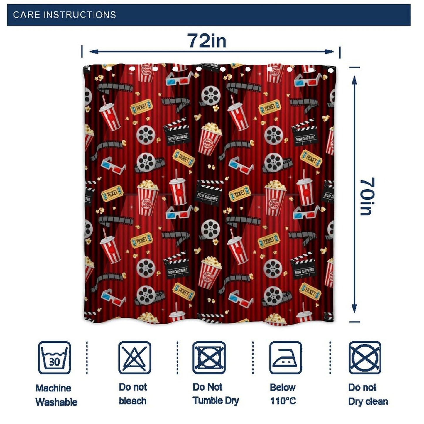 Meaudiwes Waterproof Lightweight Shower Curtains for Bathroom Shower Curtain Movie Theater Theme Cinema Clapboard Film Popcorn Print, 72"x 70"