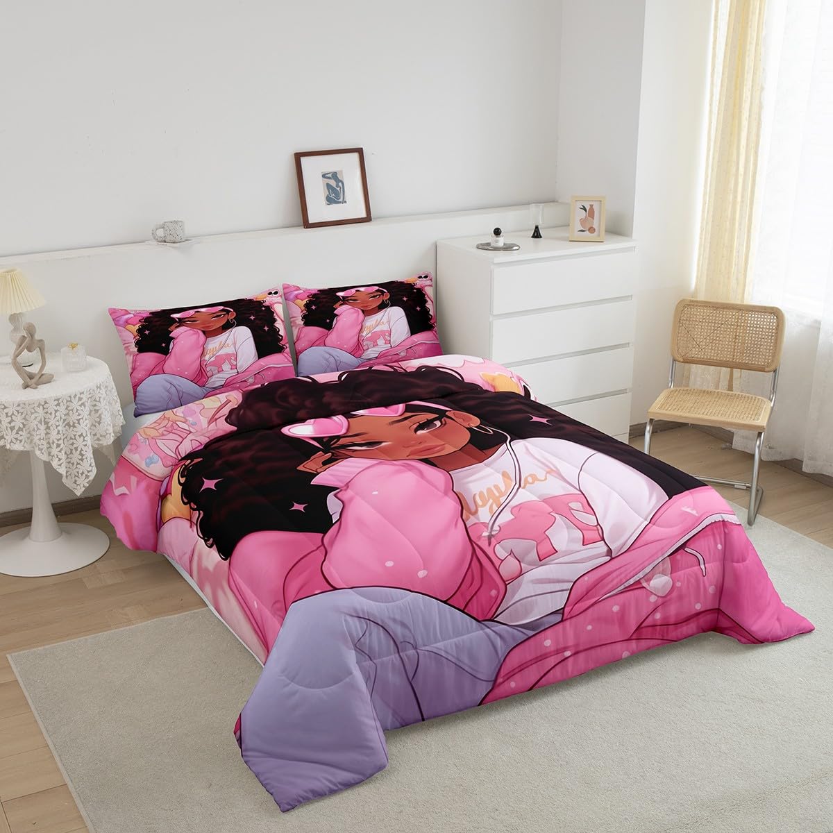 Manfei Little Girl Kids Comforter Set Full Size,Glitter Stars Wave Points Romantic Bedding Set,Girls Women Room Decor,Afro American Black Princess Girls Down Comforter,Pink Duvet Insert,2 Pillowcases