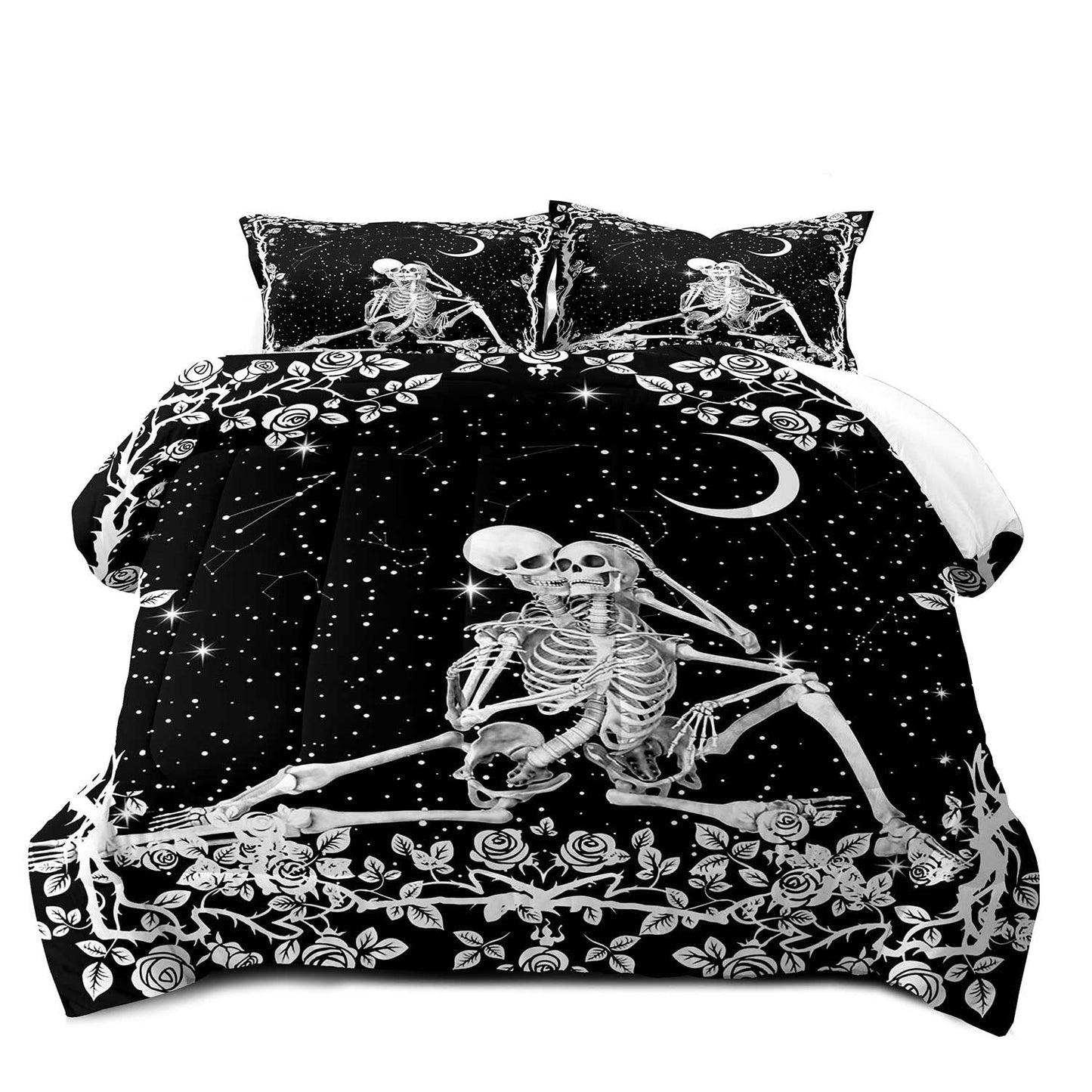 LUVIVIHOME 3PCS Skull Bedding Sets, Black & White Comforter Set King Size, Moon Stars Rose Floral Skeleton Lovers Romantic Bedroom Decor for Women Men, Microfiber Quilt, Couples Gifts, 2 Pillow Shams