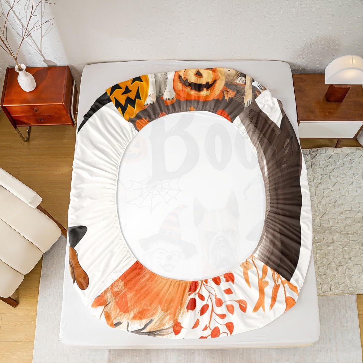 Feelyou Halloween Fitted Sheet Full Size for Kids Boys Girls Pumpkin Bed Sheets Set 16" Deep Pocket Soft Breathable Microfiber Maple Fall Leaves Bedding with 2 Pillowcases Spider Web Room Decor