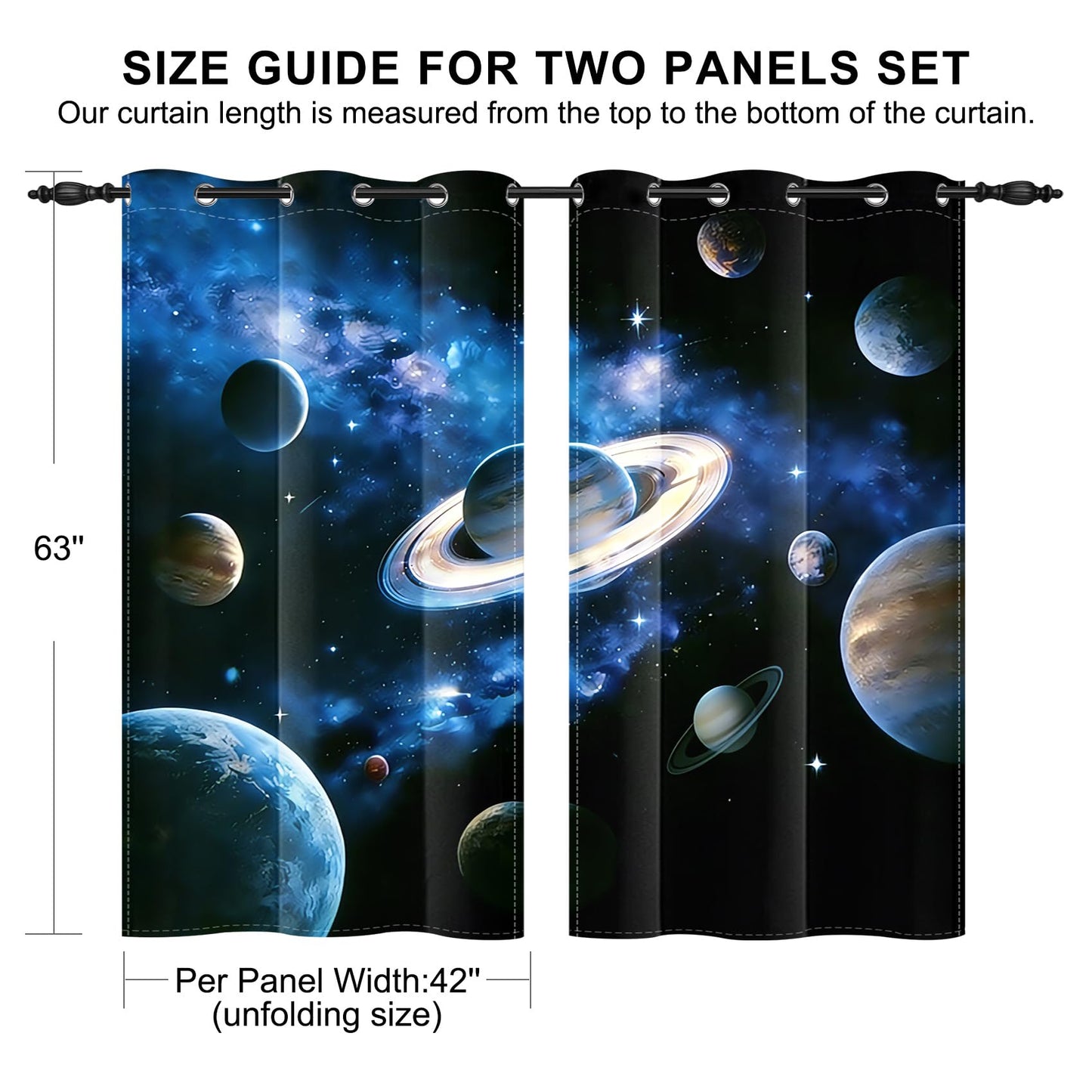 GICDSU Kids Blackout Curtains for Bedroom, Thermal Insulated Room Darkening Drapes for Boys & Girls Room, 63 Inch Length 2 Panels Set, Outer Space Galaxy Planet Saturn Print, 42W x 63L