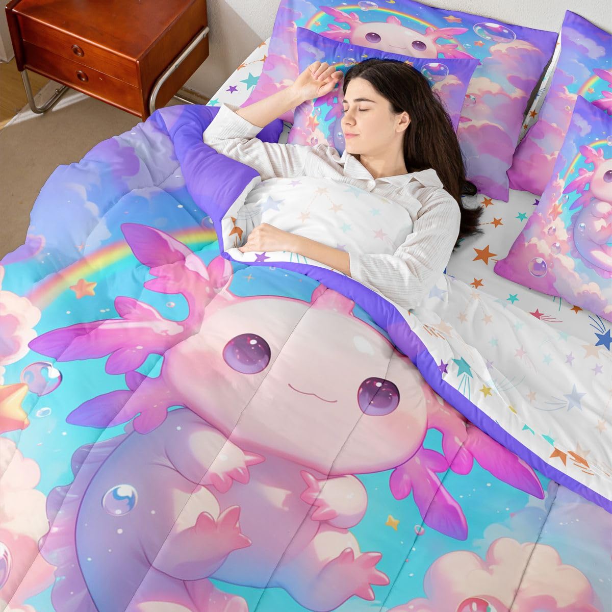 Erosebridal Kids Pink Axolotl Twin Size Bedding Set Princess Cute Axolotl 7 Pieces Comforter Set with Sheets for Girls Teens Dreamy Stars Rainbow Bed in a Bag Bubble Blue Sky Cloud Bed Sets