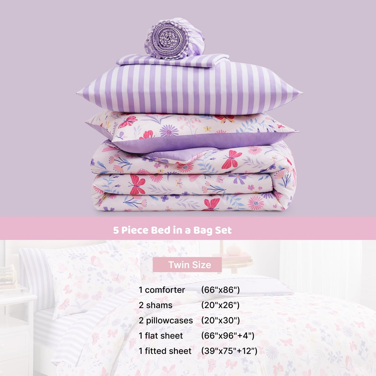 Wink Deer Twin Comforter Set with Sheets for Girls-5 Pieces Twin Bedding Sets with Pink Comforter, Sheets, Pillowcase & Sham for Kids (Cute Botanical Flowers, 66" X 86")