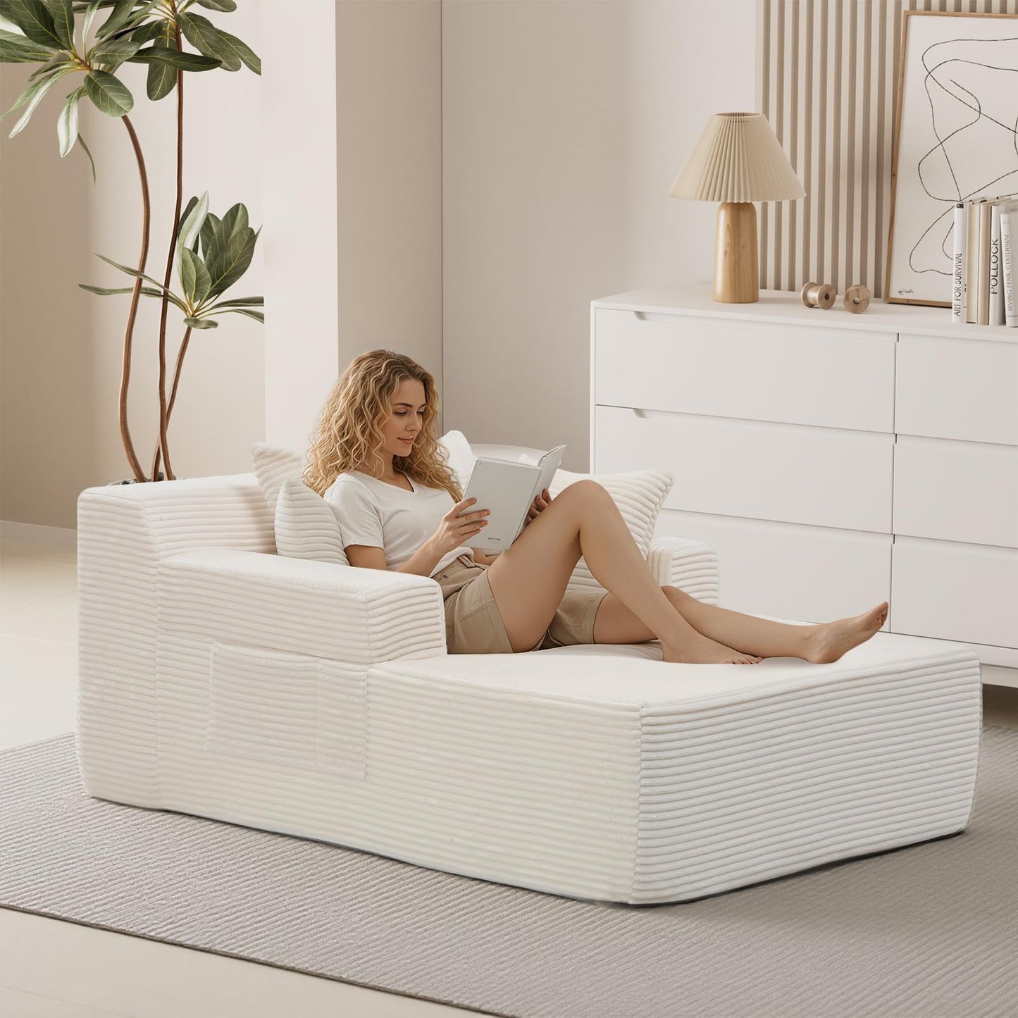 65" Chaise Lounge Chair Indoor, Oversized Corduroy Sofa Bed with 3 Pillows, Boneless Sleeper Couch Chairs, Cloud Sleeper Sofa for Bedroom Living Room with Storage Pocket & Cup Holder, White