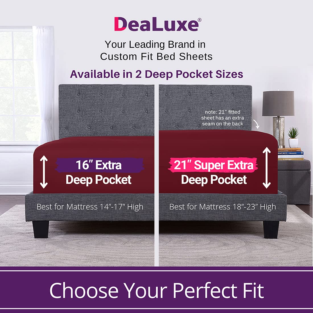 Deep Pocket King Size Sheets – 21” Extra Deep Pocket King Size Sheets – [4 Piece Set] King Bed Sheets Oversize Flat Sheet, Fitted Sheet, 2 Zippered Pillowcases 18”–23” Deep King Sheets – Burgundy