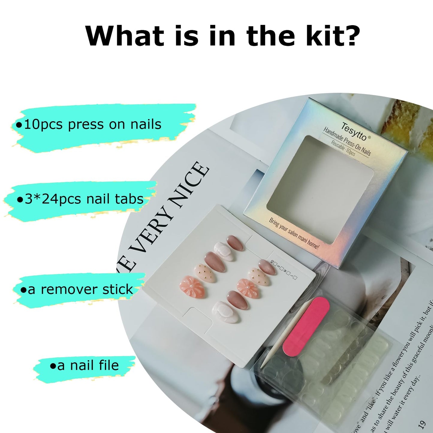 Tesytto Nude Pink Press on Nails Short Almond Cat Eye Fake Nails with 3D Sleek Water Drop Design Glossy Finish Glitter Full Cover Acrylic Nails (Ice Flowers,M)
