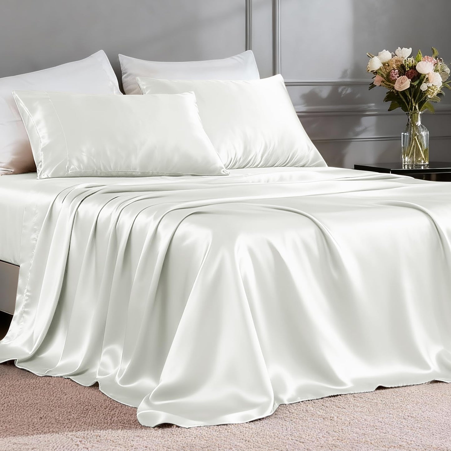 FreshCulture Satin Sheets Full Size - 4 Piece Luxury Soft Silky Full Size Bed Sheets, Similar to Silk Bed Sheet Set with 1 Deep Pocket Fitted Sheet, 1 Flat Sheet & 2 Pillowcases (Ivory White)