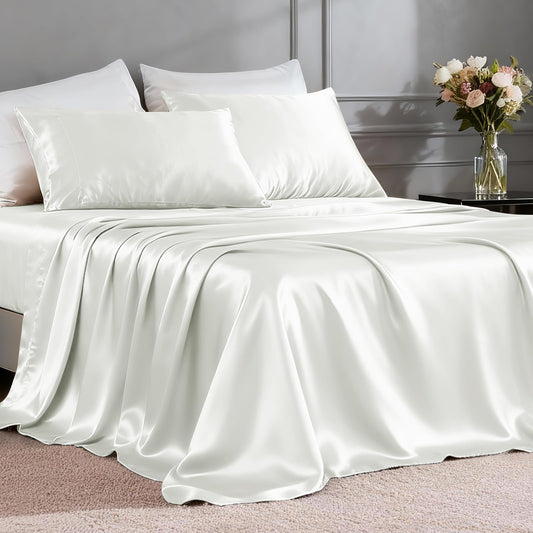 FreshCulture Satin Sheets Full Size - 4 Piece Luxury Soft Silky Full Size Bed Sheets, Similar to Silk Bed Sheet Set with 1 Deep Pocket Fitted Sheet, 1 Flat Sheet & 2 Pillowcases (Ivory White)