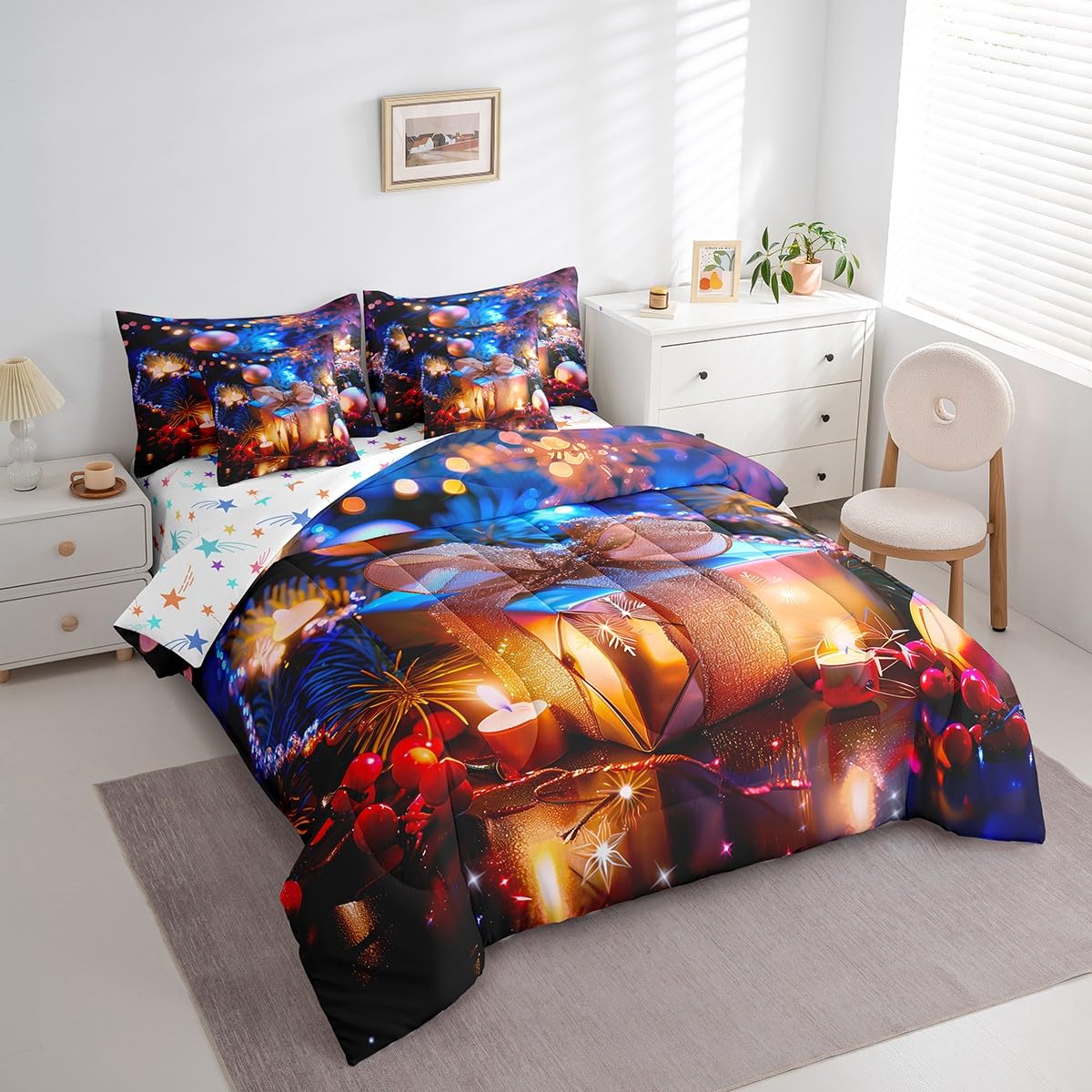 Erosebridal Merry Christmas Bedding Sets 7 Piece Twin 3D Festival Box Comforter Set Dreamy Starlight Quilt with Flat Fitted Sheet for Girls Women Xmas Decoration Bed in A Bag