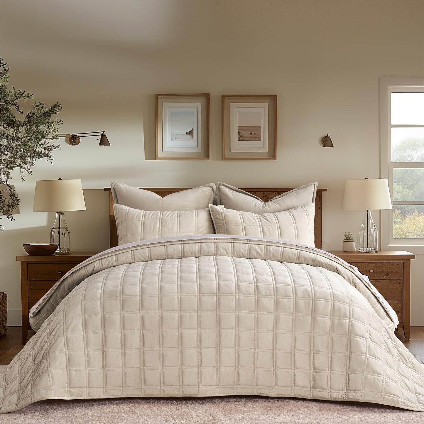 EVERGRACE 3 Pieces Luxurious Velvet Quilt King Size, Ultra Soft Bedspread Coverlet Set, Double Box Stitch Lightweight Velvet Comforter for All Season with 2 Shams, Beige, 108"x96"