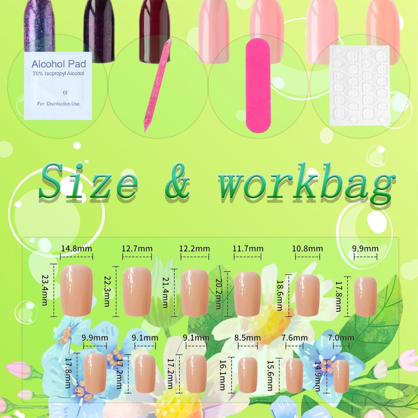 Medium Press on Nails Square French Tip Fake Nails with Flowers Design False Nails Pink Full Cover Acrylic Nails Press ons Matte Glue on Nails for Girls and Women 24Pcs