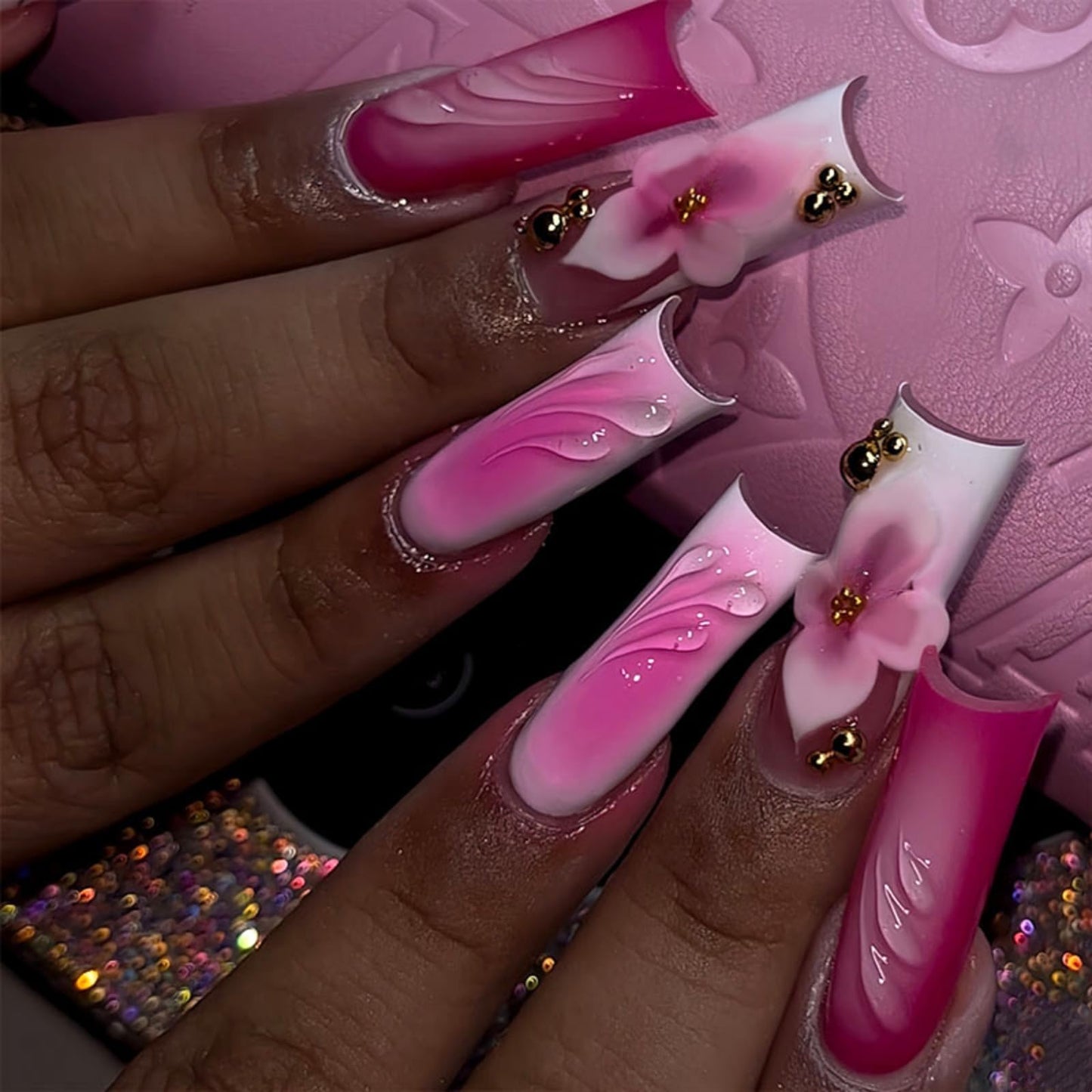 Long Press on Nails Square Fake Nails Pink French Artificial Nail with 3D Floral Designs Glitter Cute Stick on Nail for Women 24pcs