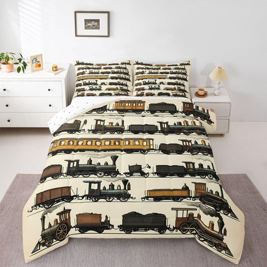 Erosebridal Vintage Steam Train Kids Comforter Sets Travel Locomotive Train Full Bedding Set for Boys Girls Transport Vehicle Comforter Set Steampunk Railway Quilt Duvet 3 Pcs Beige