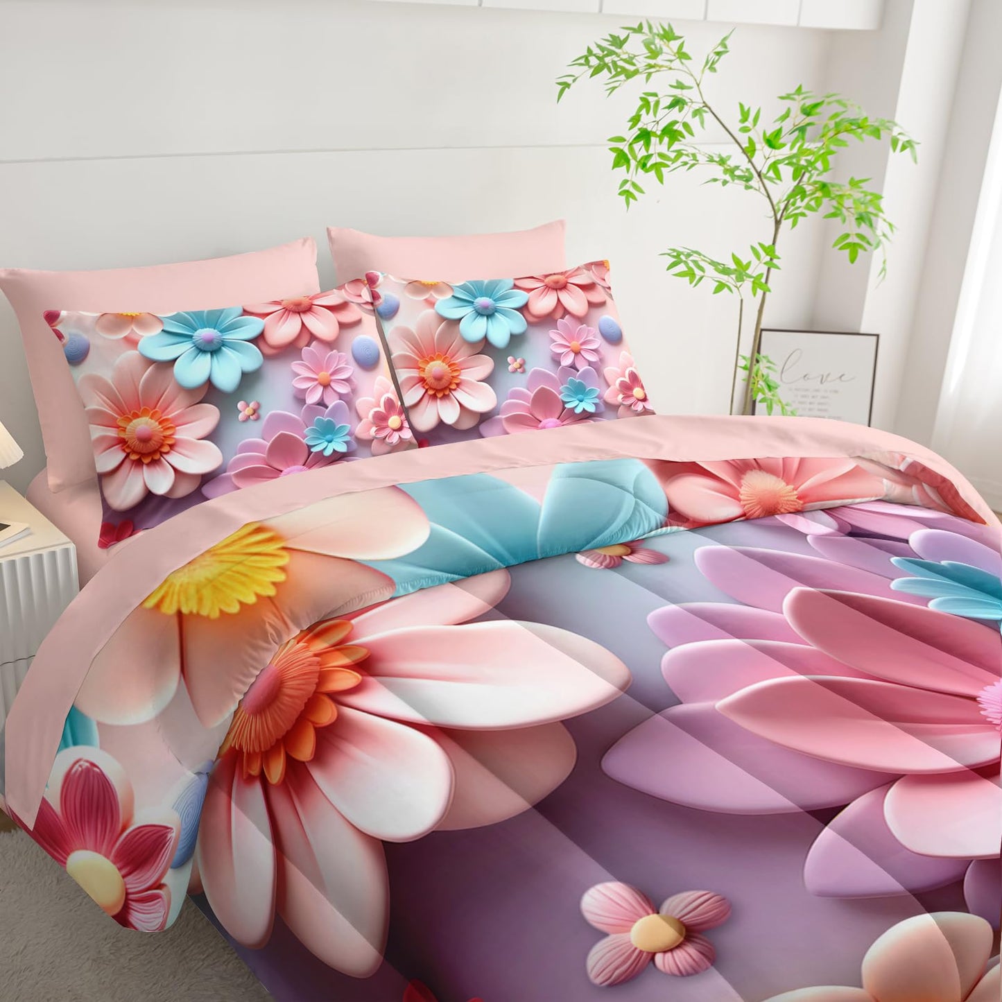 lneffble Pink Floral Comforter Set Queen Size Bed 7 Piece，Quilt Queen Size Bedding Set 7 Piece Farmhouse Blue Floral，(1 Comforter, 1 Flat Sheet, 1 Fitted Sheet, 2 Pillowcase and 2 Pillow Sham)