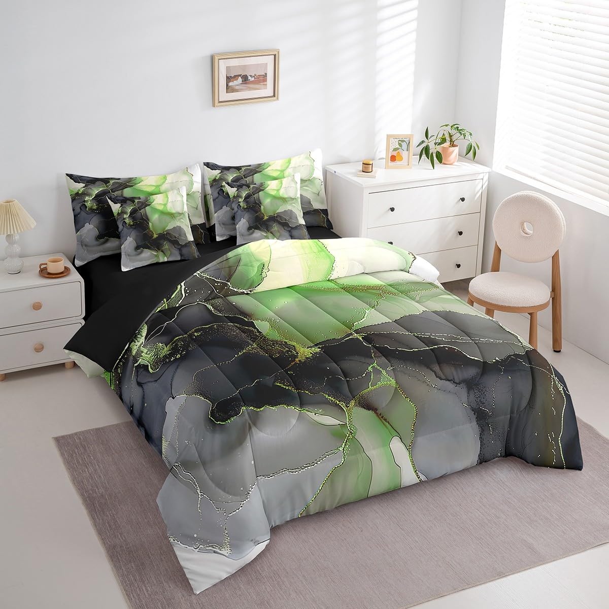 Erosebridal Black and Green Bed in a Bag 7pcs Aesthetic Marble Bedding Set for Girls Women, Foil Print Full Size Comforter Set Mountain Fluid Bedding Comforter Sets, Marbling Bed Set