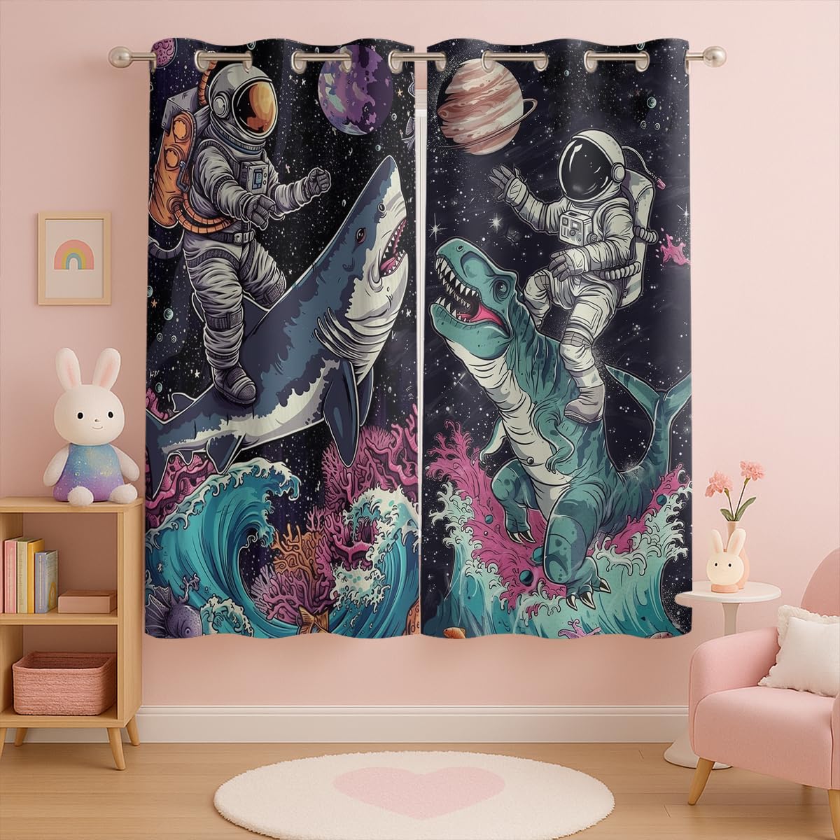 Naiice Funny Astronaut Blackout Curtains for Girls Boys Home Decor, Fantasy Dinosaur Shark Galaxy Grommet Thermal Insulated Drapes Darkening Window Curtain for Bedroom Living Room, 42 x 45 Inch