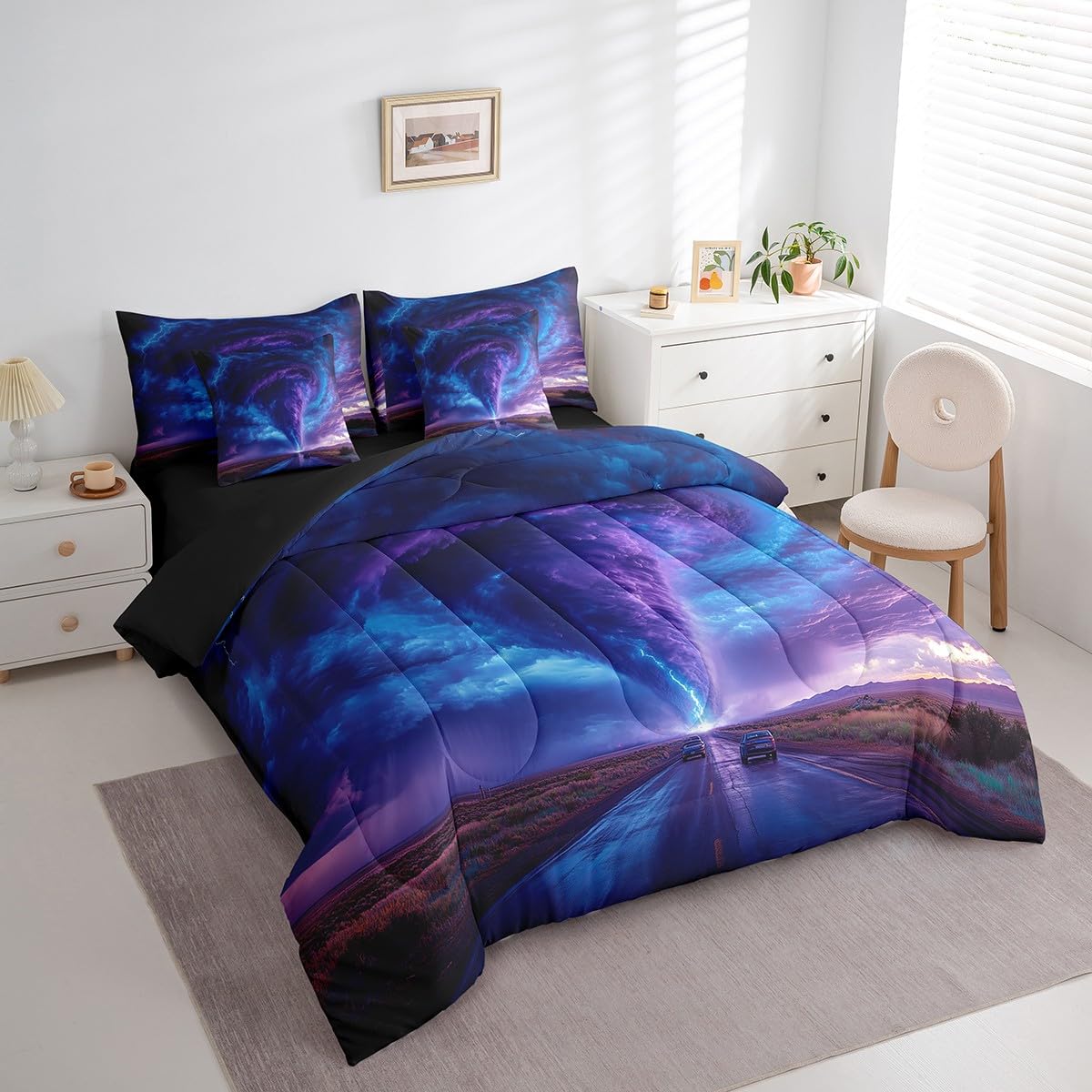 Erosebridal Nature 7 Pcs Comforter Set Queen Size,Ombre Lightning Tornado Bed in a Bag with Flat Fitted Sheet for Kids Teens Adult,Dreamy Purple Blue Bedding Set with Pillowcase and Sham Reversible