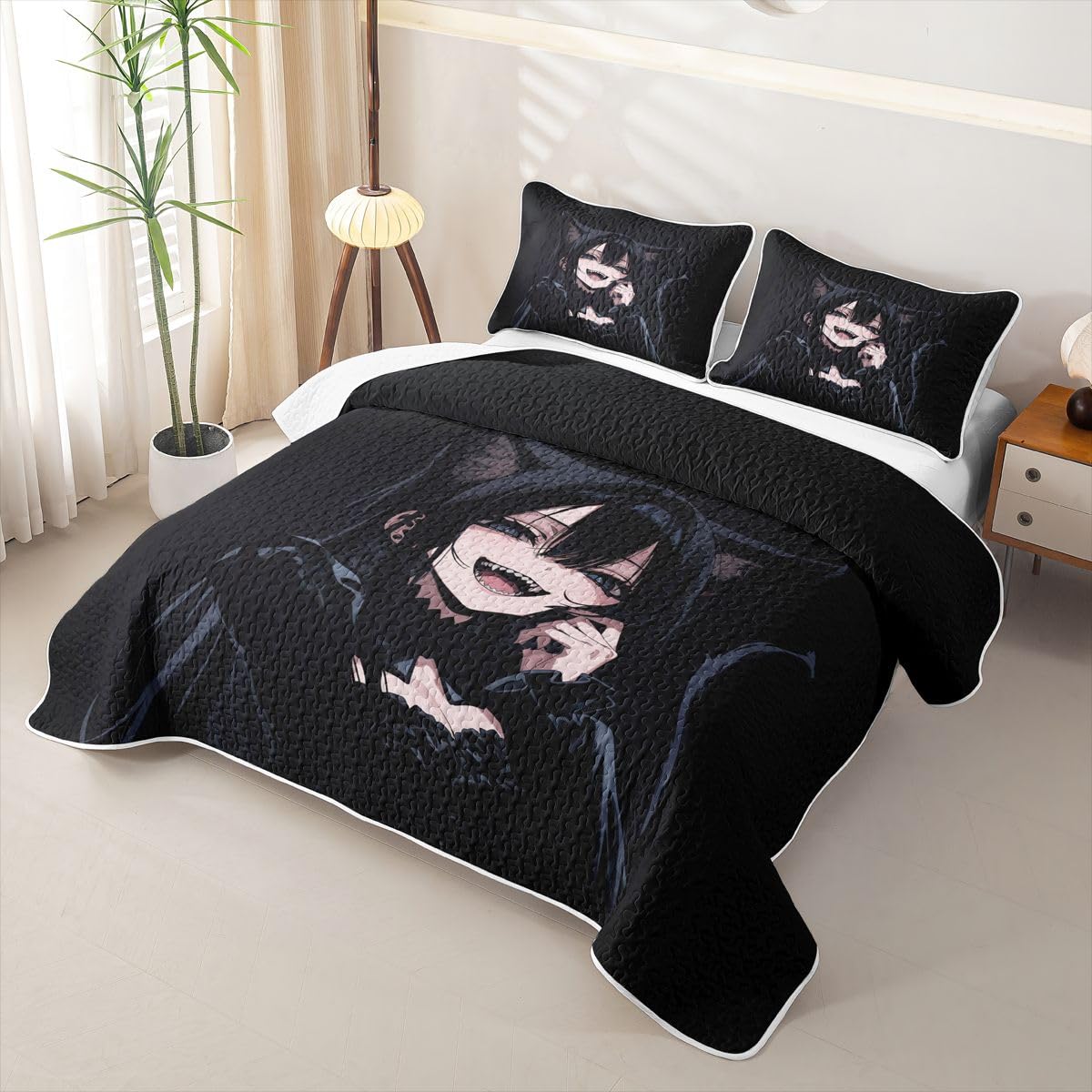 Erosebridal Anime Girl Quilts Twin Size - 3D Japanese Bedspread Coverlet Set, Gothic Style Cat Girls Quilt Coverlets 2Pcs (Only 1 Pillowcase)