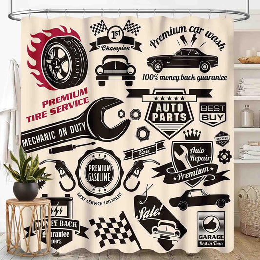 Garage Shower Curtain for Bathroom, Retro Vintage Man Cave Repair Vehicle Garage Tools Shed Workshop Car Themed For Boys Teen Rustic Waterproof Fabric Shower Curtain Set with Hooks, 72"x72" Inch